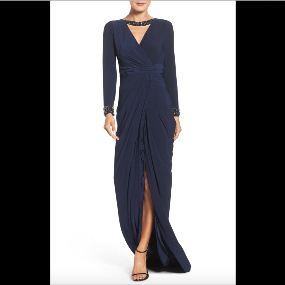 EUC Adrianna Papell Beaded Jersey Gown in Midnight SZ 12